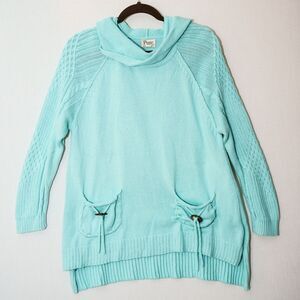 Pure Handknit S womens light blue hooded sweater pockets cotton Pastel